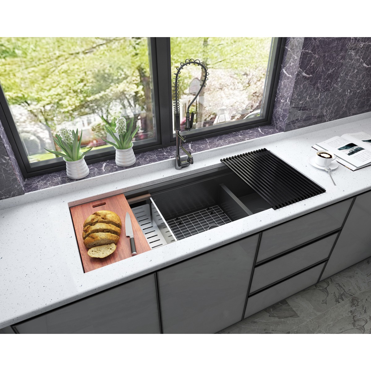 Ariel Enthous Workstation 48 Inch Undermount 16 Gauge Double Bowl Nano Black Stainless Steel Kitchen Sink W Integrated Ledge