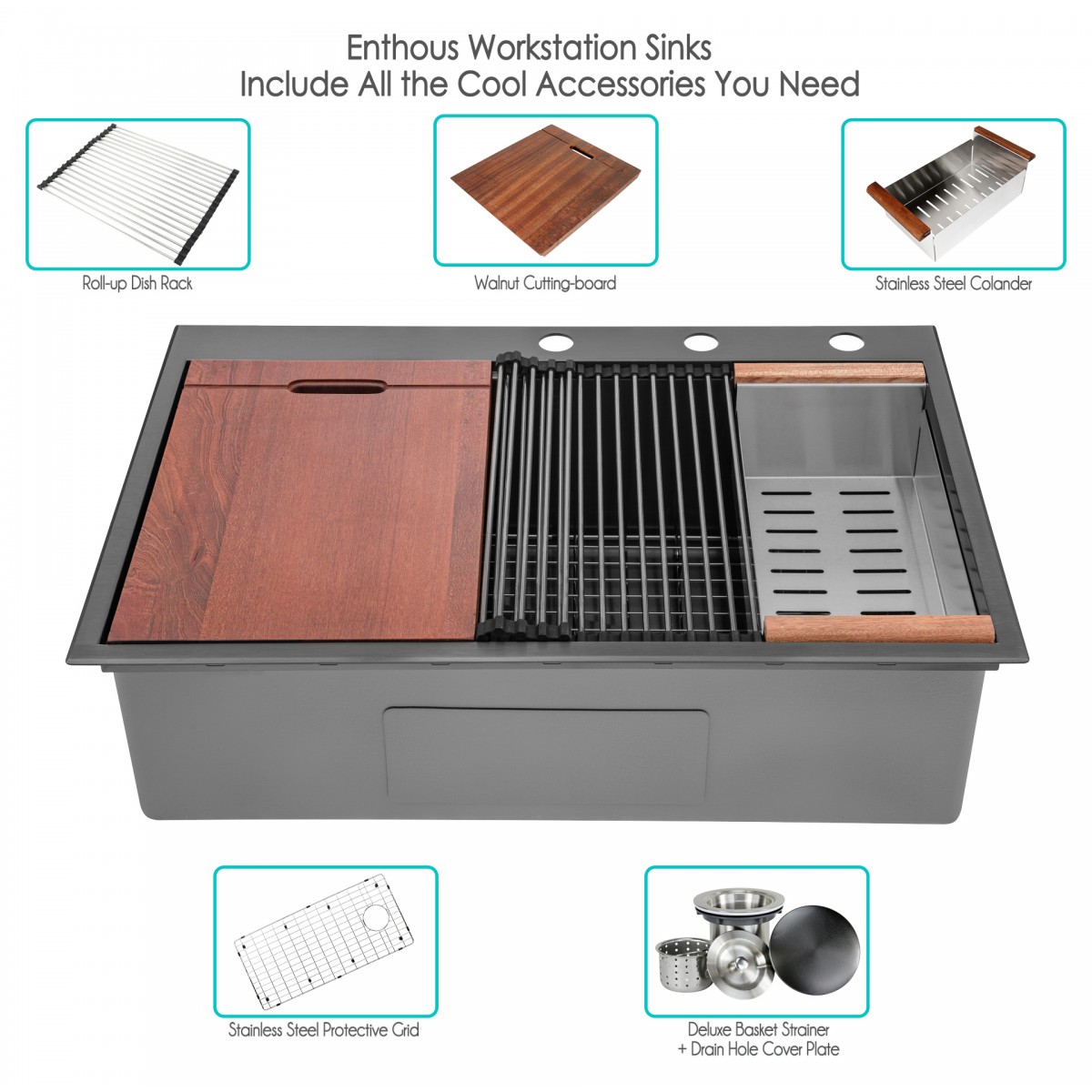 Black Kitchen Sink Drop In, 33"x22" Topmount Ledge Workstation Kitchen - View #6