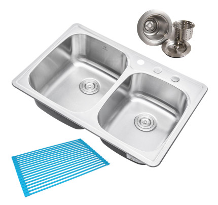 thumbnail image 2 of Ruvati 33 X 22 Inch Drop-in 60/40 Double Bowl Zero Radius Topmount Stainless Steel Kitchen Sink Ruvt1010 2 of 14