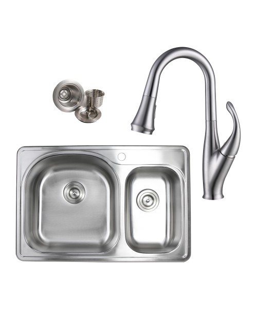 Topmount Drop-In Stainless Steel 33 in. x 22 in. 1 Faucet Hole 70/30 Offset Double Bowl Kitchen Sink & Solid Brass KItchen Faucet (Brushed Nickel Finish) Combo