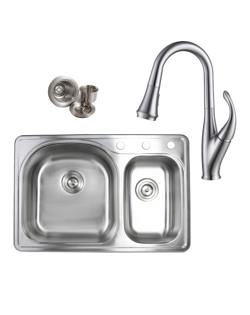 Topmount Drop-In Stainless Steel 33 in. x 22 in. 3 Faucet Hole 70/30 Offset Double Bowl Kitchen Sink & Solid Brass Kitchen Faucet (Brushed Nickel Finish) Combo