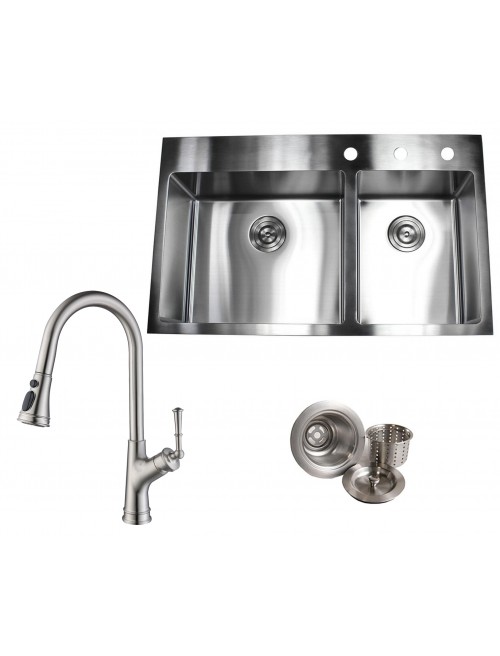 36 in. x 22 in. x 10 in. Topmount Drop-In Stainless Steel 16-Gauge 60/40 Offset Double Bowl Kitchen Sink in Brushed Stainless Steel Finish with Solid Brass Kitchen Faucet in Brushed Nickel Finish and Strainer