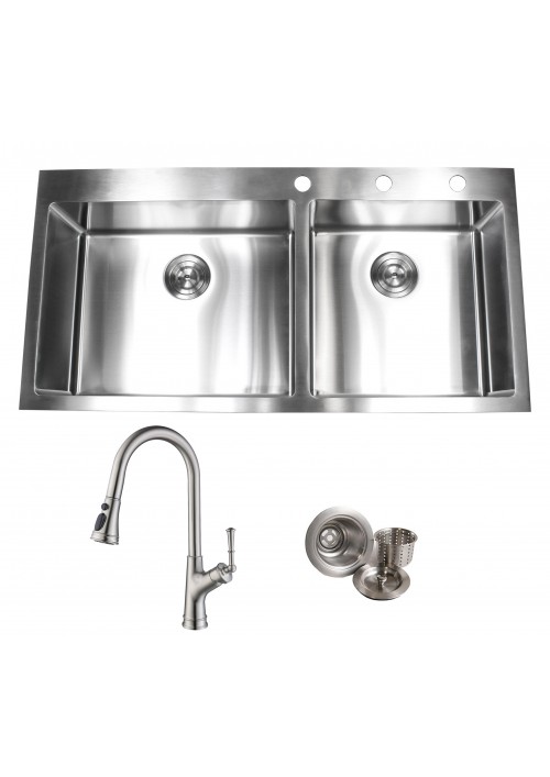 42-7/8 in. x 21-1/2 in. x 10 in. Topmount Drop-In Stainless Steel 16-Gauge 60/40 Offset Double Bowl Kitchen Sink in Brushed Stainless Steel Finish with Solid Brass Kitchen Faucet in Brushed Nickel Finish and Strainer