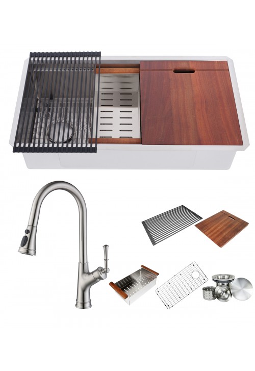 Enthous Workstation 32 Inch Undermount 16 Gauge Single Bowl Stainless Steel Kitchen Sink 15mm Radius, Accessories – Solid Brass Faucet (Brushed Nickel Finish) , Dish Rack, Colander, Cutting-board,Grid