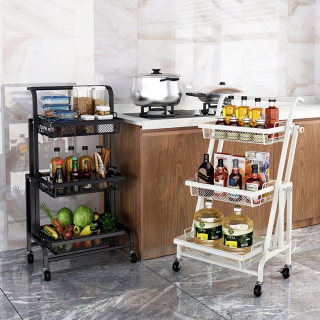 Living Room 3 Tier Rolling Cart with Removable Baskets Adjustable Metal Utility Cart with Wheels Foldable Rolling Storage Cart Organizer for Laundry Room Kitchen Black 
