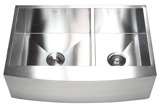 33 Inch Stainless Steel Curved Front Farm Apron 60/40 Double Bowl Kitchen Sink Zero Radius Design