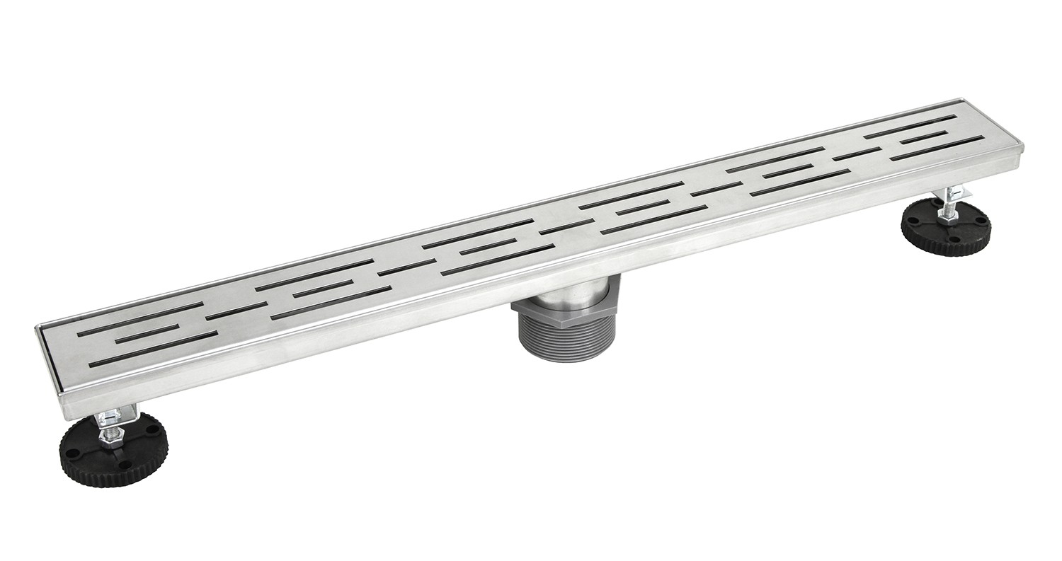 Shower Linear Drain 32 Inch – Stripe Pattern Grate – Brushed 304 Stainless Steel – Threaded Adaptor Included – Adjustable Leveling Feet