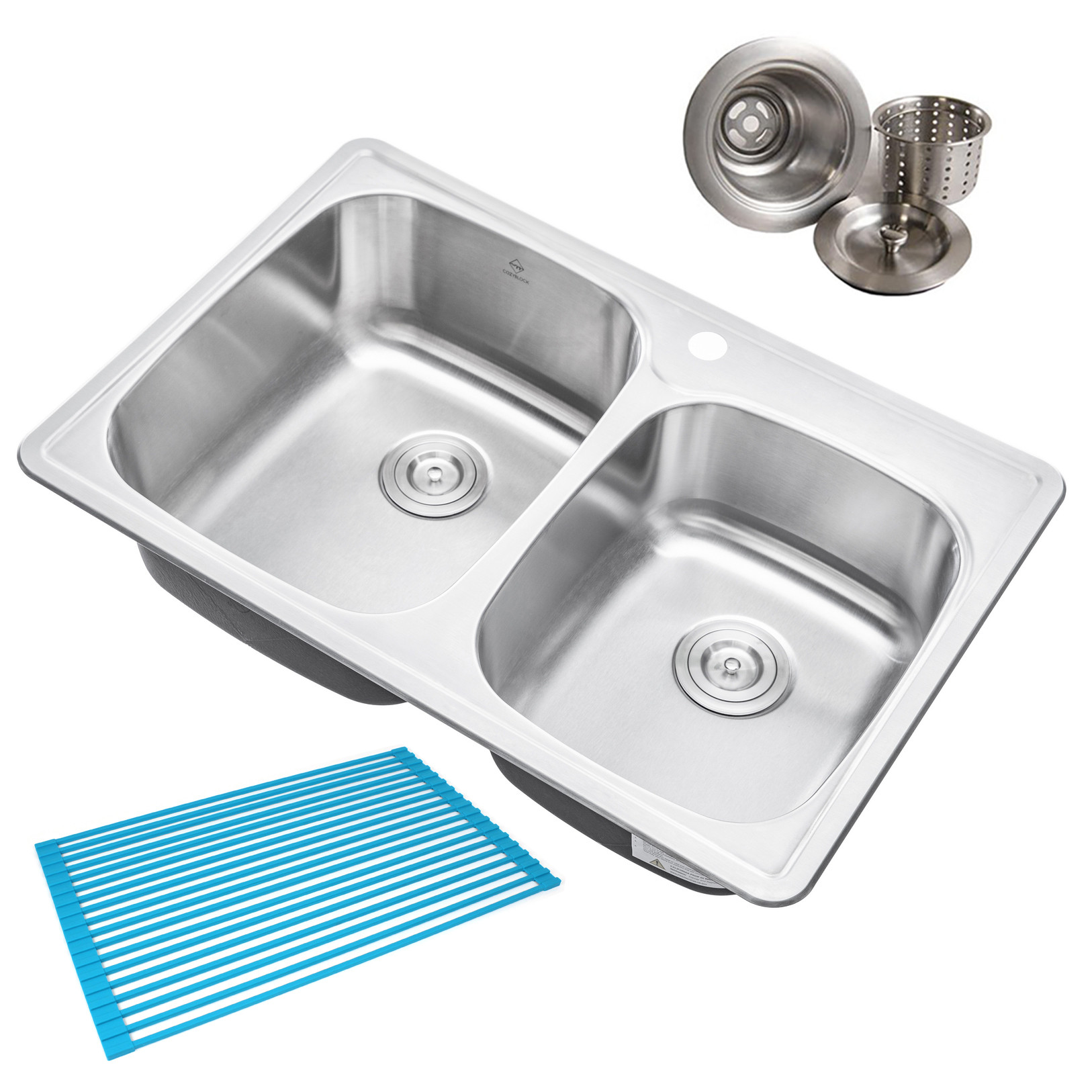 CozyBlock 33 x 22 x 9 Inch 60/40 Offset Top-mount / Drop-in Stainless Steel Double Bowl Kitchen Sink with Strainer and Silicone Dishrack - 18 Gauge Stainless Steel-1 Faucet Hole