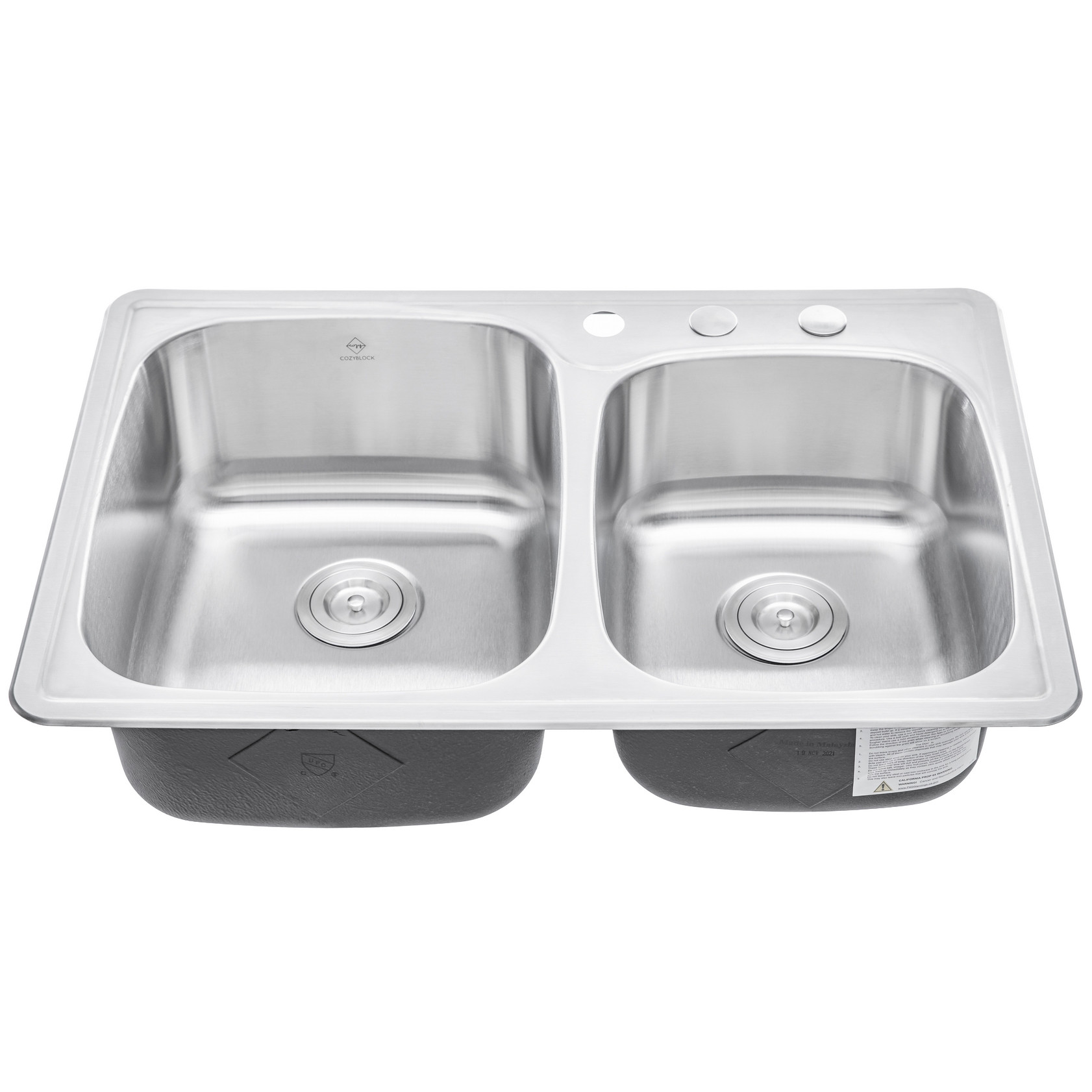 CozyBlock 33" Stainless Steel Double Bowl Kitchen Sink - Top Mount, Brushed Finish, Sound Deadening | Includes Strainer & Dishrack