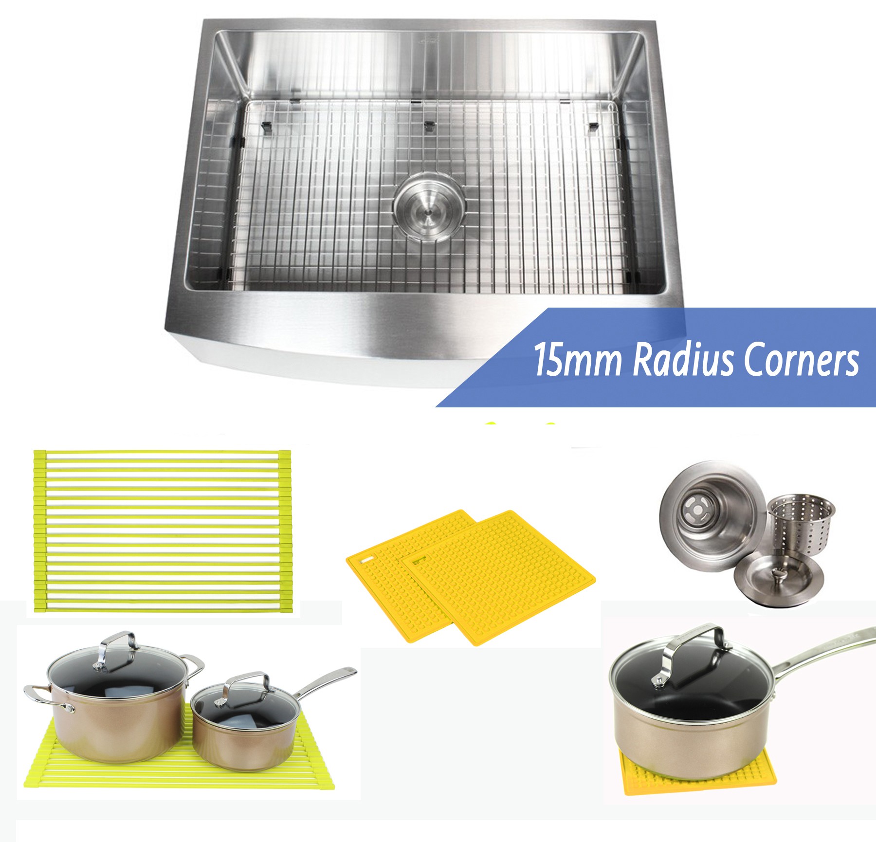 30 Inch 16 Gauge Curved Front Apron Single Bowl Stainless Steel Kitchen Sink Premium Package 15mm Radius Design
