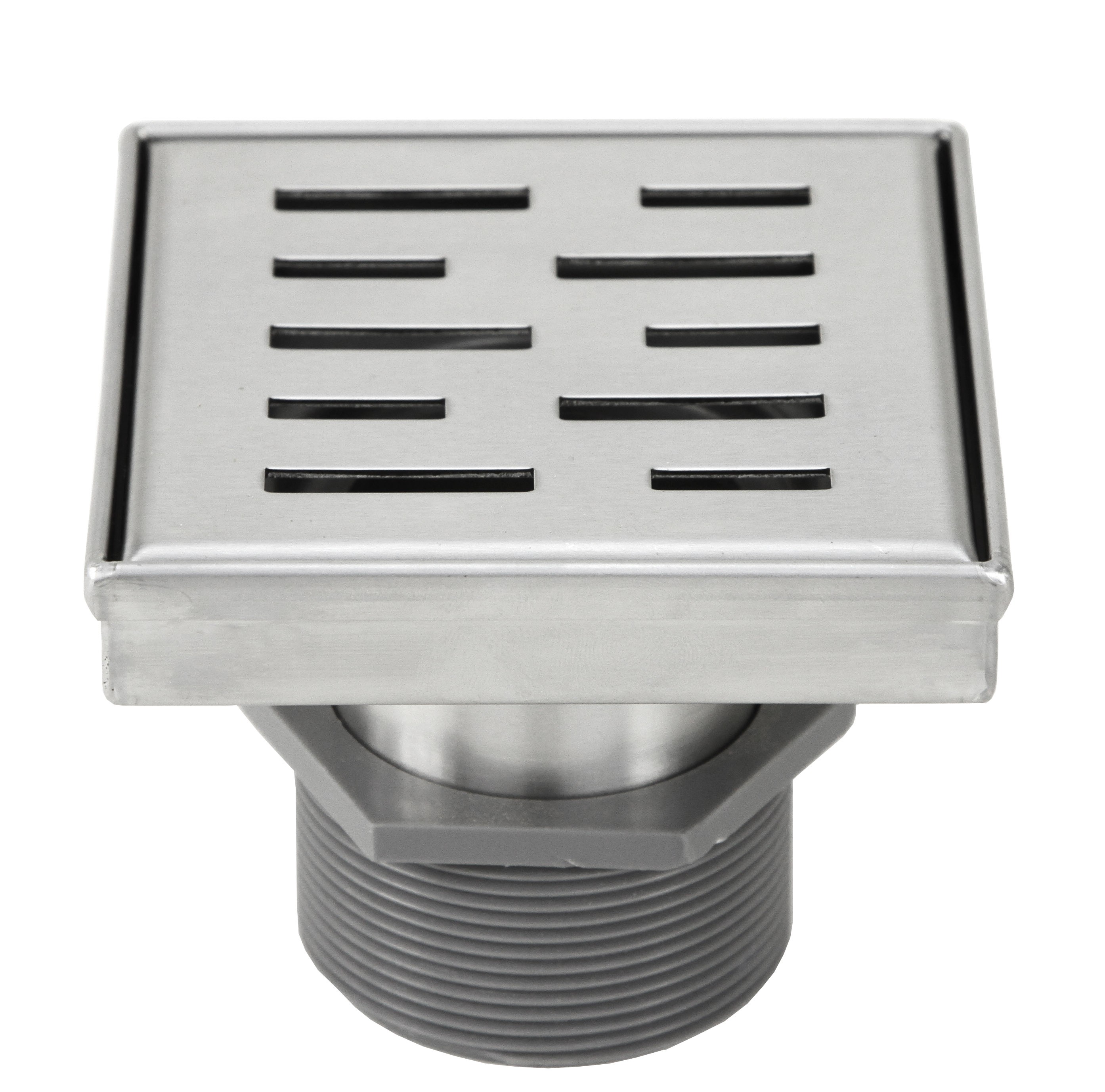 Shower Square Drain 4 Inch – Stripe Pattern Grate – Brushed 304 Stainless Steel – with Threaded Adaptor  and Adjustable Leveling Feet