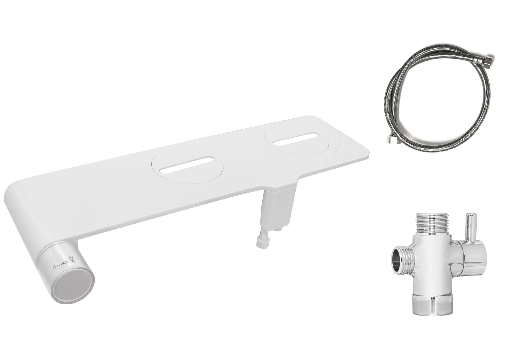 Non-Electric Bidet Seat Thin Attachment in White with Dual Cleaning Nozzles- Stainless Steel Hose and Stainless Steel T Adapter included