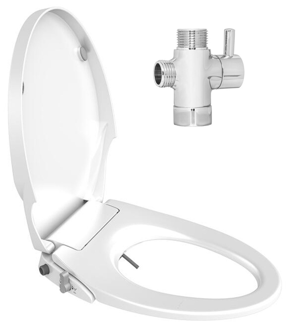Slim Design Soft Close Dual Nozzles Non-Electric Bidet Seat for Elongated Toilets in White with On/Off Solid Brass T Adapter 