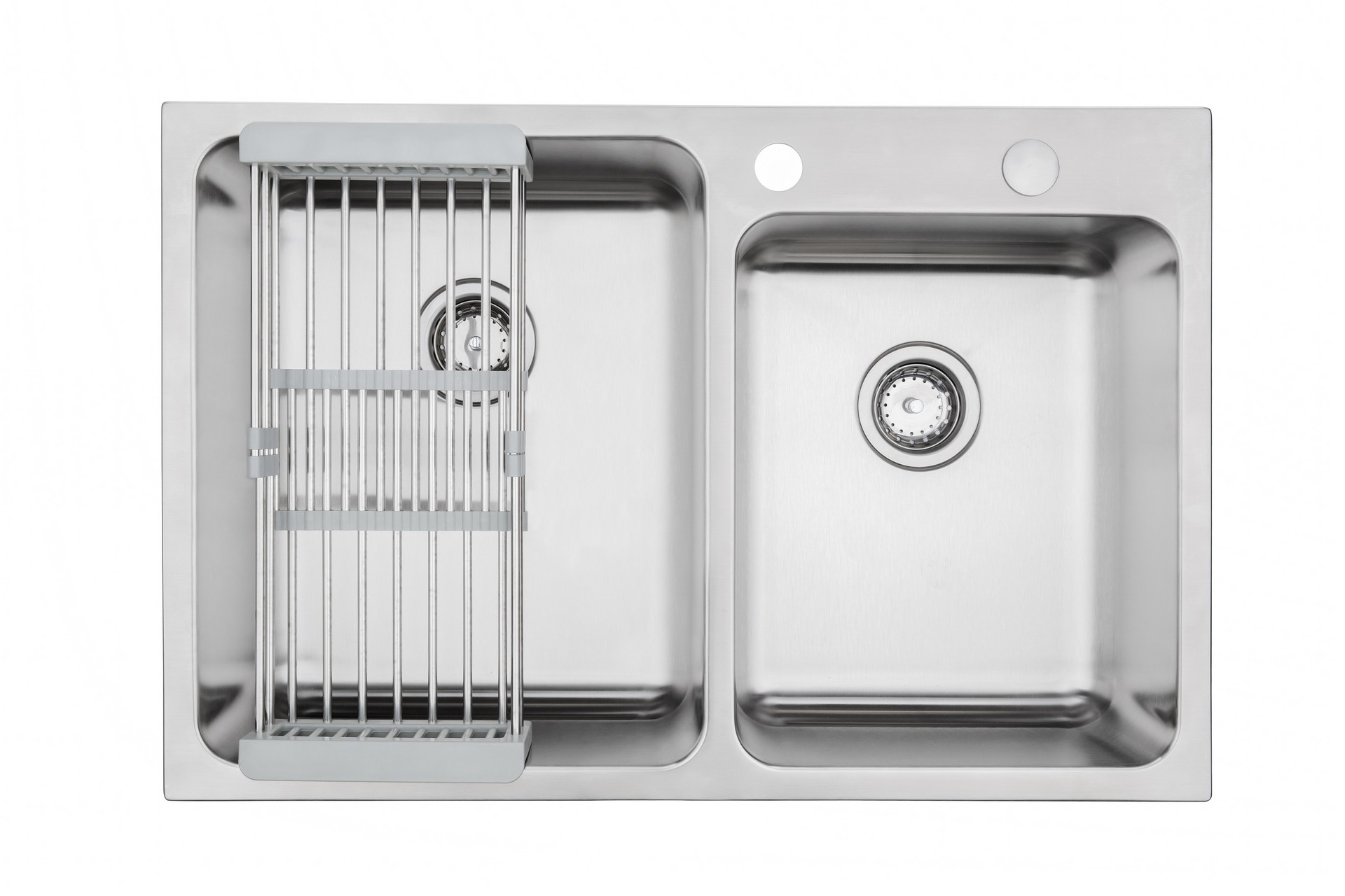 33 Inch Offset Topmount / Drop-in Stainless Steel Sink, Large Bowl Capacity, True 18-Gauge Stainless Steel Bowl, Includes Adjustable Colander Basket & Strainers