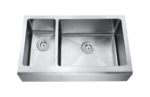 33 Inch Stainless Steel Smooth Flat Front Farm Apron Kitchen Sink 30/70 Double Bowl 15mm Radius Design