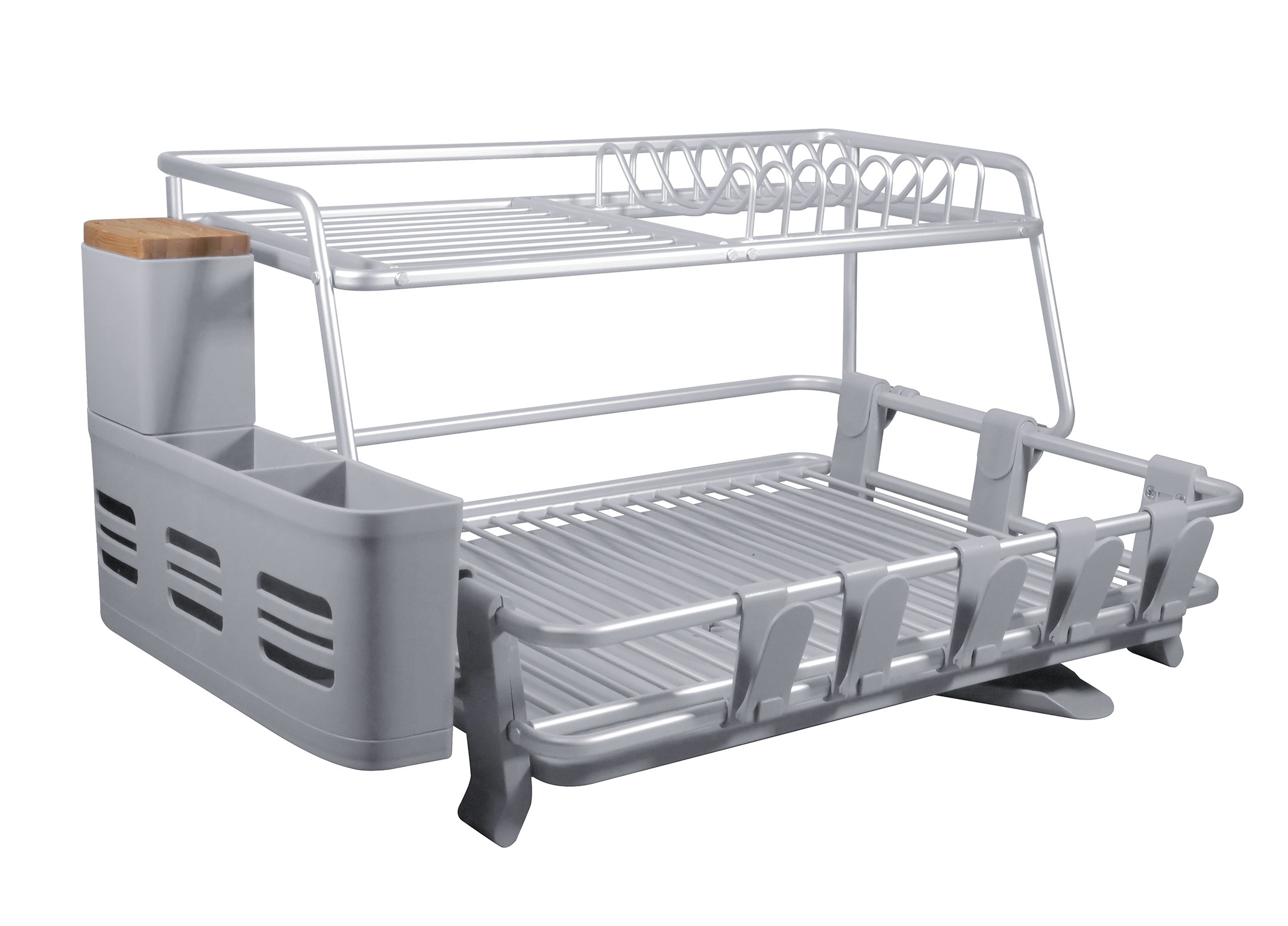 CozyBlock Aluminum 2-tier Dish Drying Rack with Utensil & Wooden
