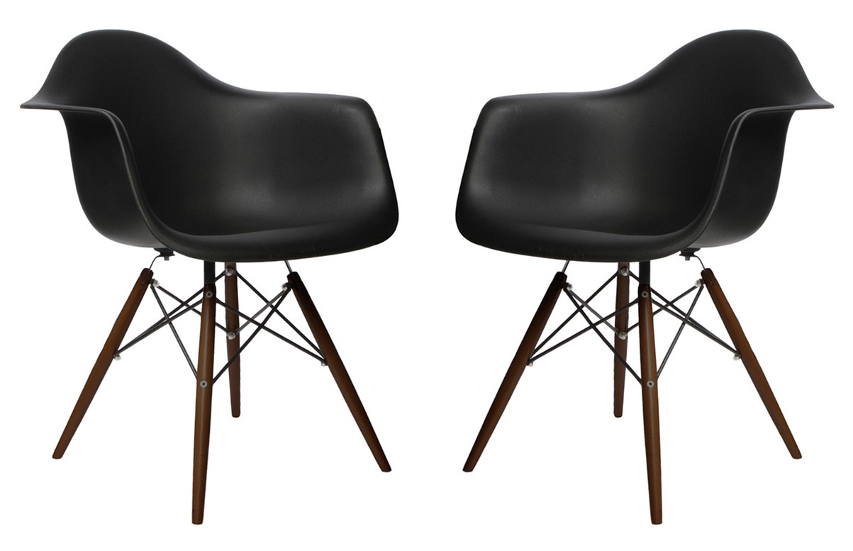 Set of 2 DAW Molded Black Plastic Dining Armchair with Dark Walnut Wood Eiffel Legs