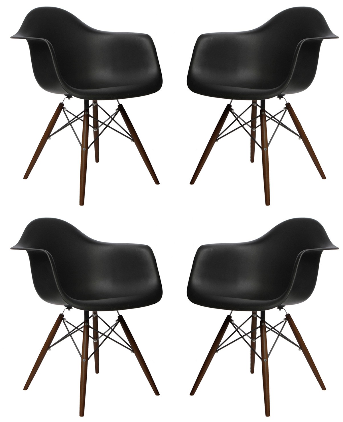 Set of 4 DAW Molded Black Plastic Dining Armchair with Dark Walnut Wood Eiffel Legs
