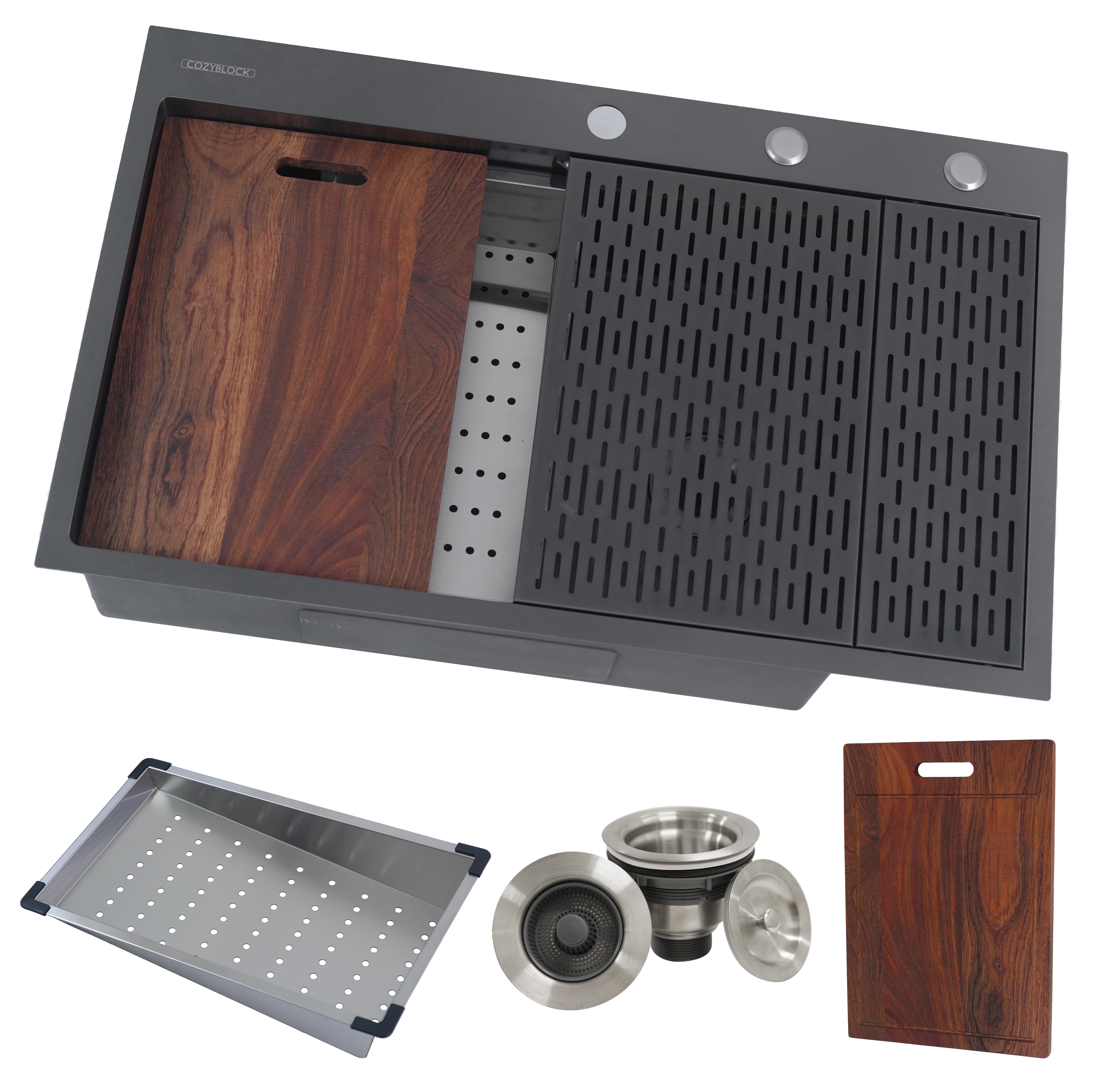 CozyBlock HexaBlock Series 33 In Topmount Workstation Kitchen Sink - Premium 16 Gauge Black Stainless Steel with Integrated Drainboard, Dual-Tier Ledges, and Honeycomb Embossing, Complete Package w/ Cutting Board, Dish Rack, Strainer