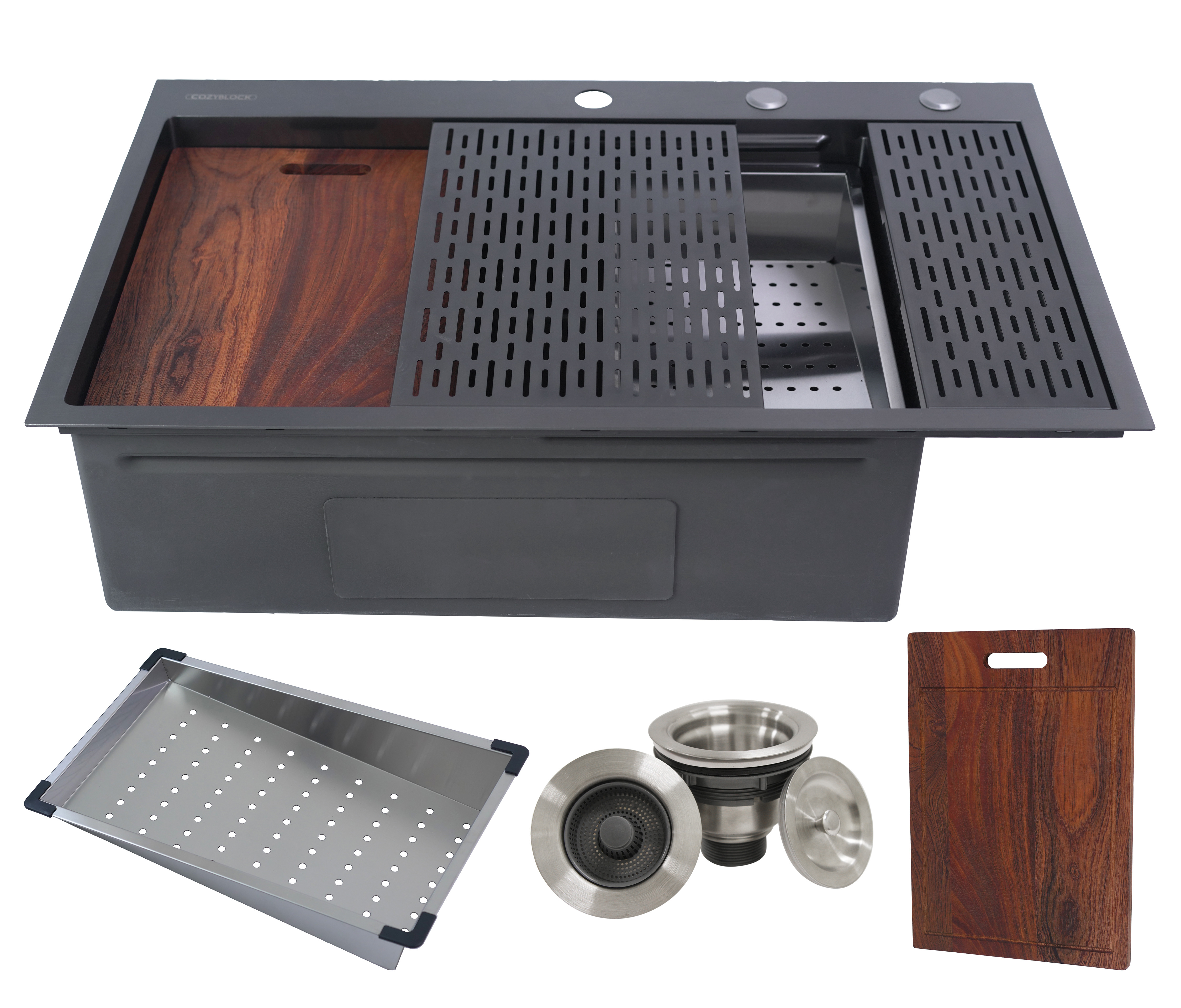 CozyBlock HexaBlock Series 36 In Topmount Workstation Kitchen Sink - Premium 16 Gauge Black Stainless Steel with Integrated Drainboard, Dual-Tier Ledges, and Honeycomb Embossing, Complete Package w/ Cutting Board, Dish Rack, Strainer