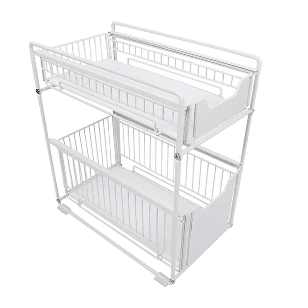 White Steel Narrow Under Sink Organizer and Storage | Bathroom & Kitchen Under Sink Organizer | Sliding Under Sink Drawer | Cleaning Supplies Under Sink Storage | 2-Tier Countertop Organize Rack