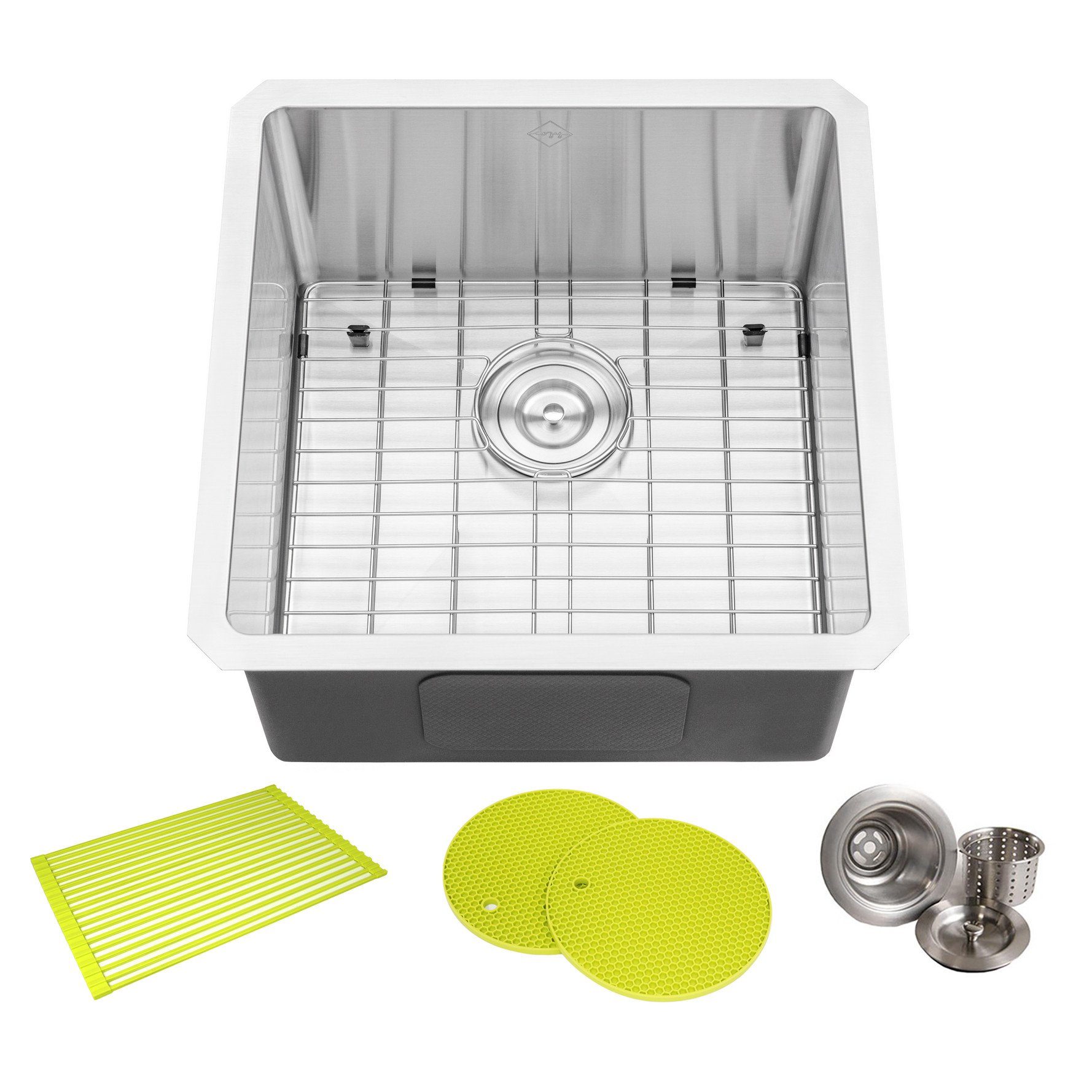 CozyBlock 18 in. x 18 in. x 10 in. 16-Gauge Stainless Steel Undermount Single Bowl Kitchen Sink with Bottom Grid, Silicone Dishrack, Pot Mat and Strainer