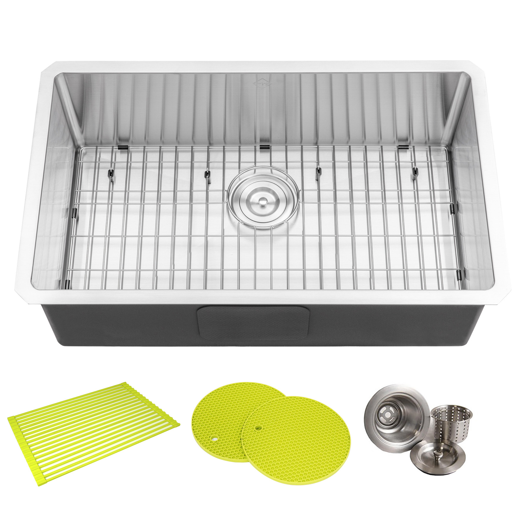 CozyBlock 30 in. x 18 in. x 10 in. 16-Gauge Stainless Steel Undermount Single Bowl Kitchen Sink with Bottom Grid, Silicone Dishrack, Pot Mat and Strainer