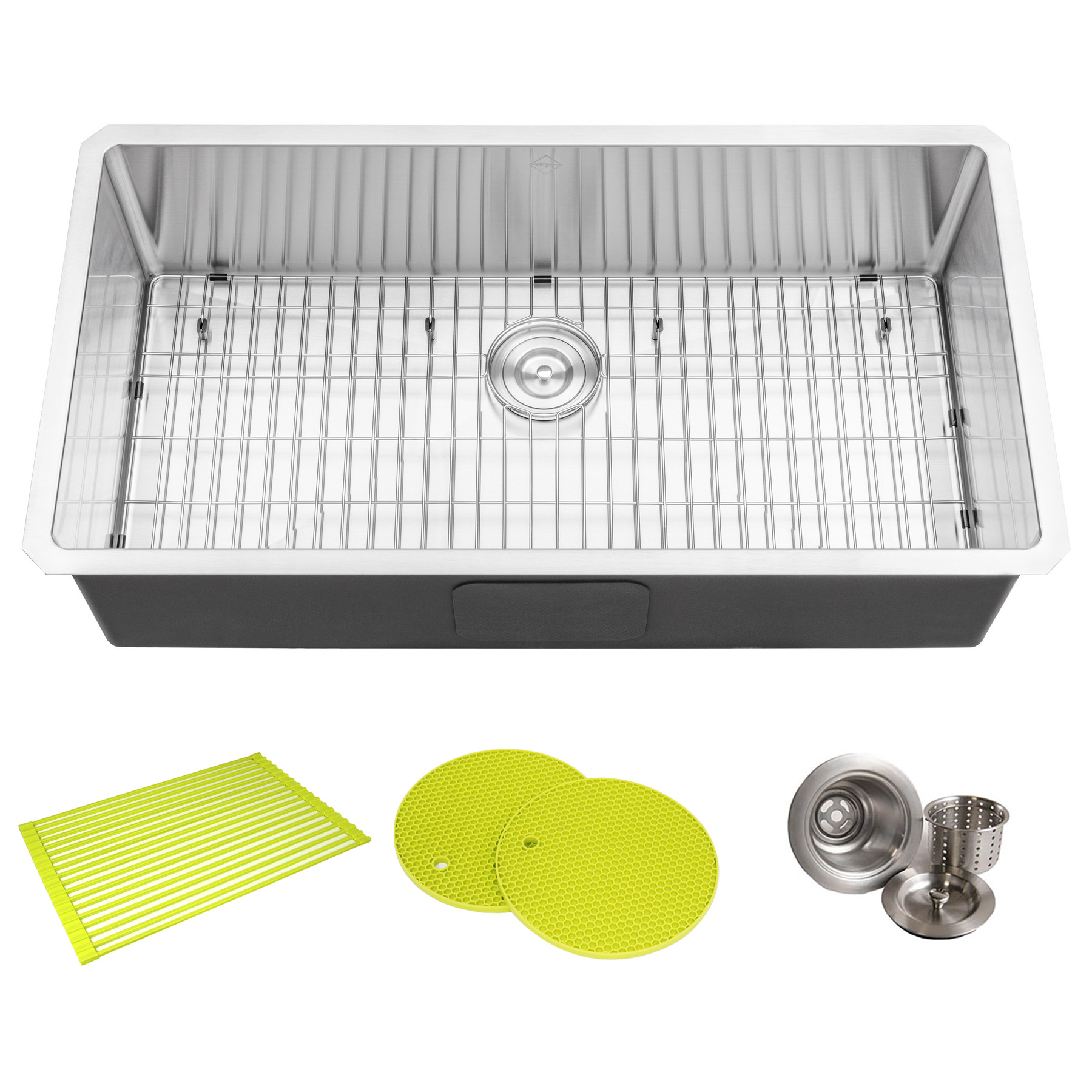 CozyBlock 36 in. x 19 in. x 10 in. 16-Gauge Stainless Steel Undermount Single Bowl Kitchen Sink with Bottom Grid, Silicone Dishrack, Pot Mat and Strainer