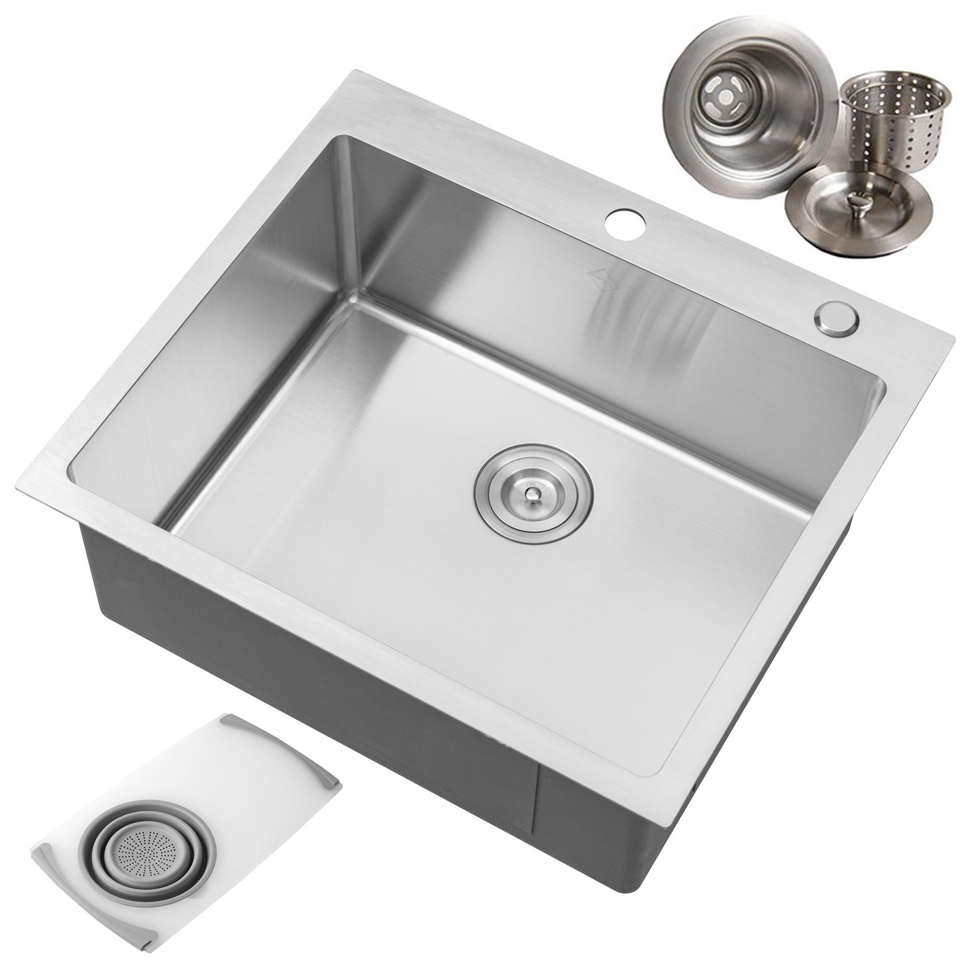CozyBlock 25 Inch 16-Gauge Stainless Steel Topmount Drop-in Single Bowl Kitchen Sink in Brushed Stainless Steel Finish with Cutting Board and Strainer