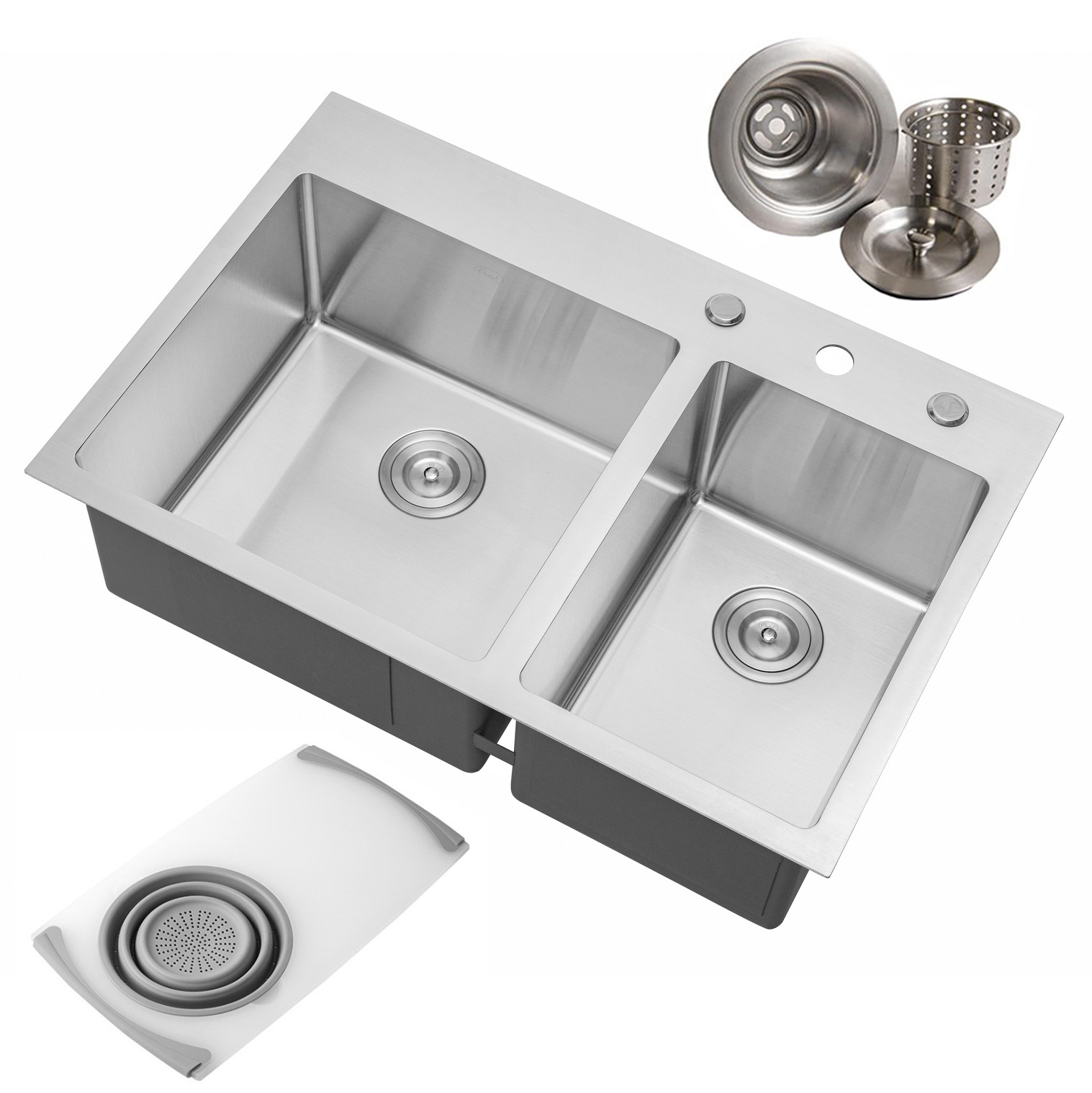 CozyBlock 33 Inch 16-Gauge Stainless Steel Topmount Drop-in 60/40 Double Bowl Kitchen Sink in Brushed Stainless Steel Finish with Cutting Board and Strainer