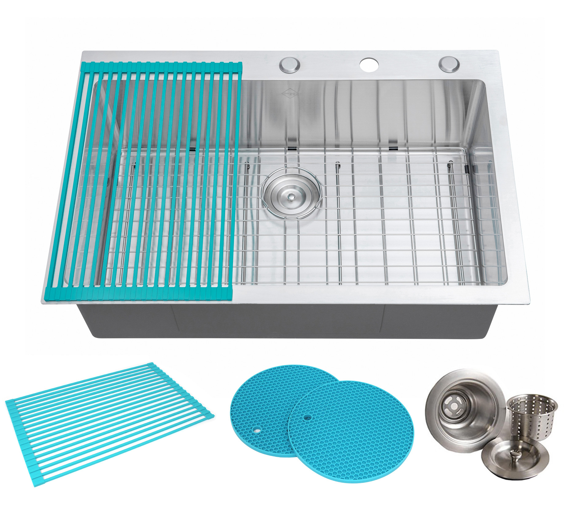 CozyBlock 33 Inch 16-Gauge Stainless Steel Topmount Drop-in Single Bowl Kitchen Sink in Brushed Stainless Steel Finish with Bottom Grid Set, Silicone Dishrack, Pot Mat, and Strainer