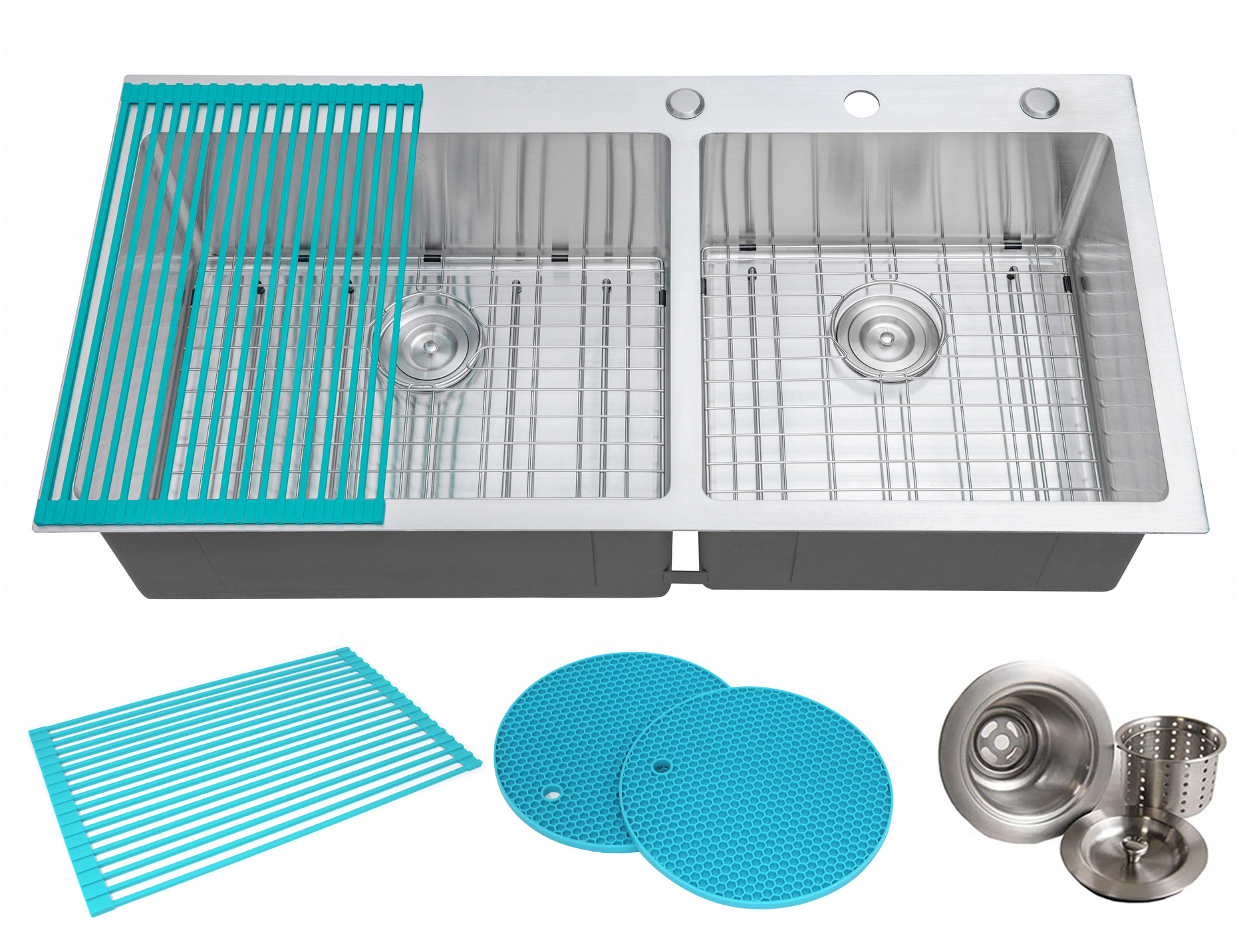 CozyBlock 43 Inch 16-Gauge Stainless Steel Topmount Drop-in 60/40 Double Bowl Kitchen Sink in Brushed Stainless Steel Finish with Bottom Grid Set, Silicone Dishrack, Pot Mat, and Strainer