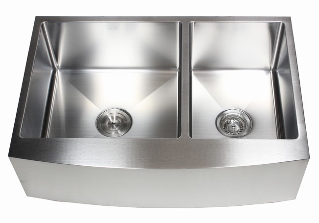33 Inch Curved Front Farm Apron 60/40 Double Bowl Kitchen Sink with 15mm Radius Design