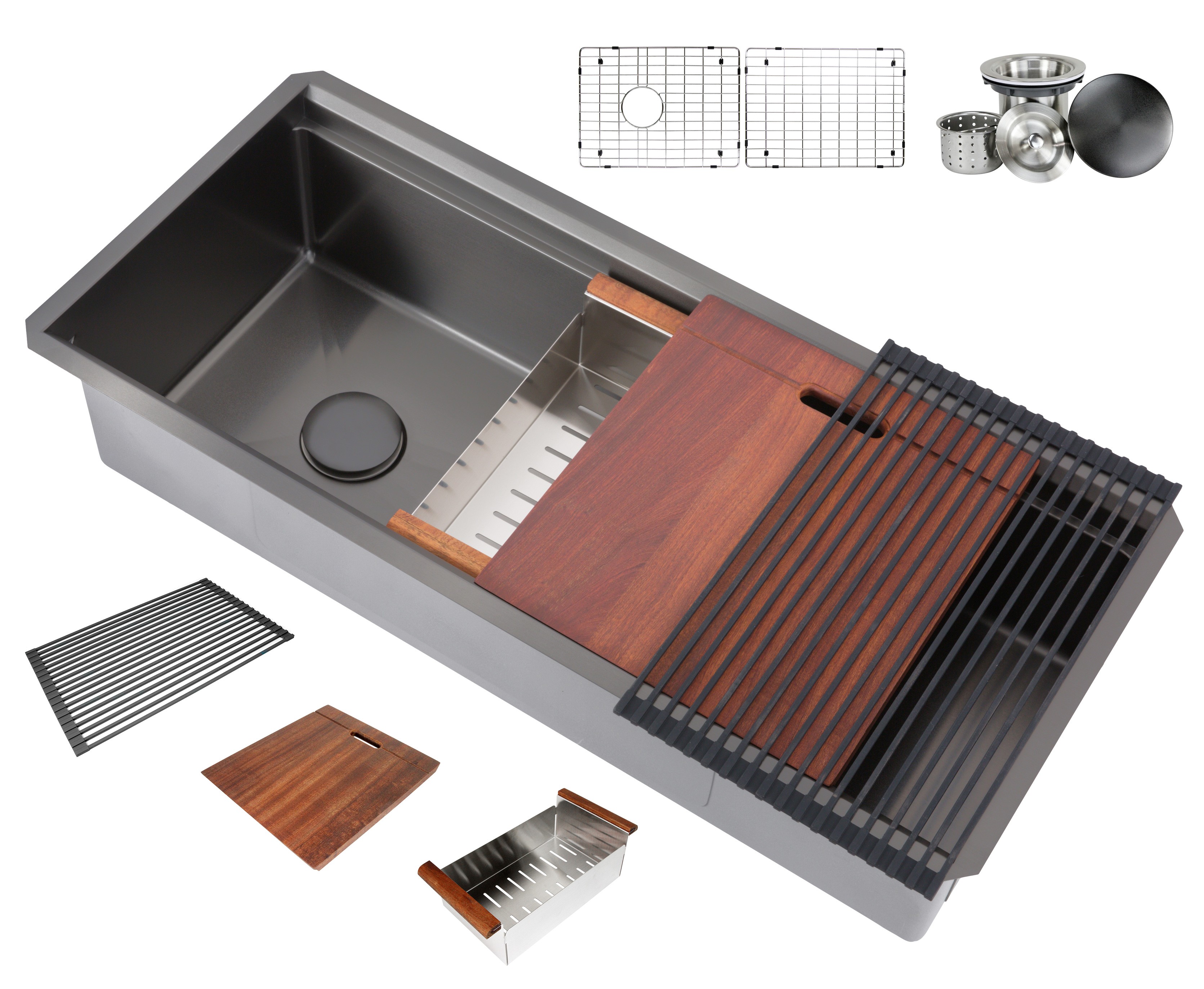 Enthous Workstation 42 Inch Undermount 16 Gauge Single Bowl Nano Black Stainless Steel Kitchen Sink w/ Integrated Ledge, 15mm Tight Radius, Premium Accessories Bundle