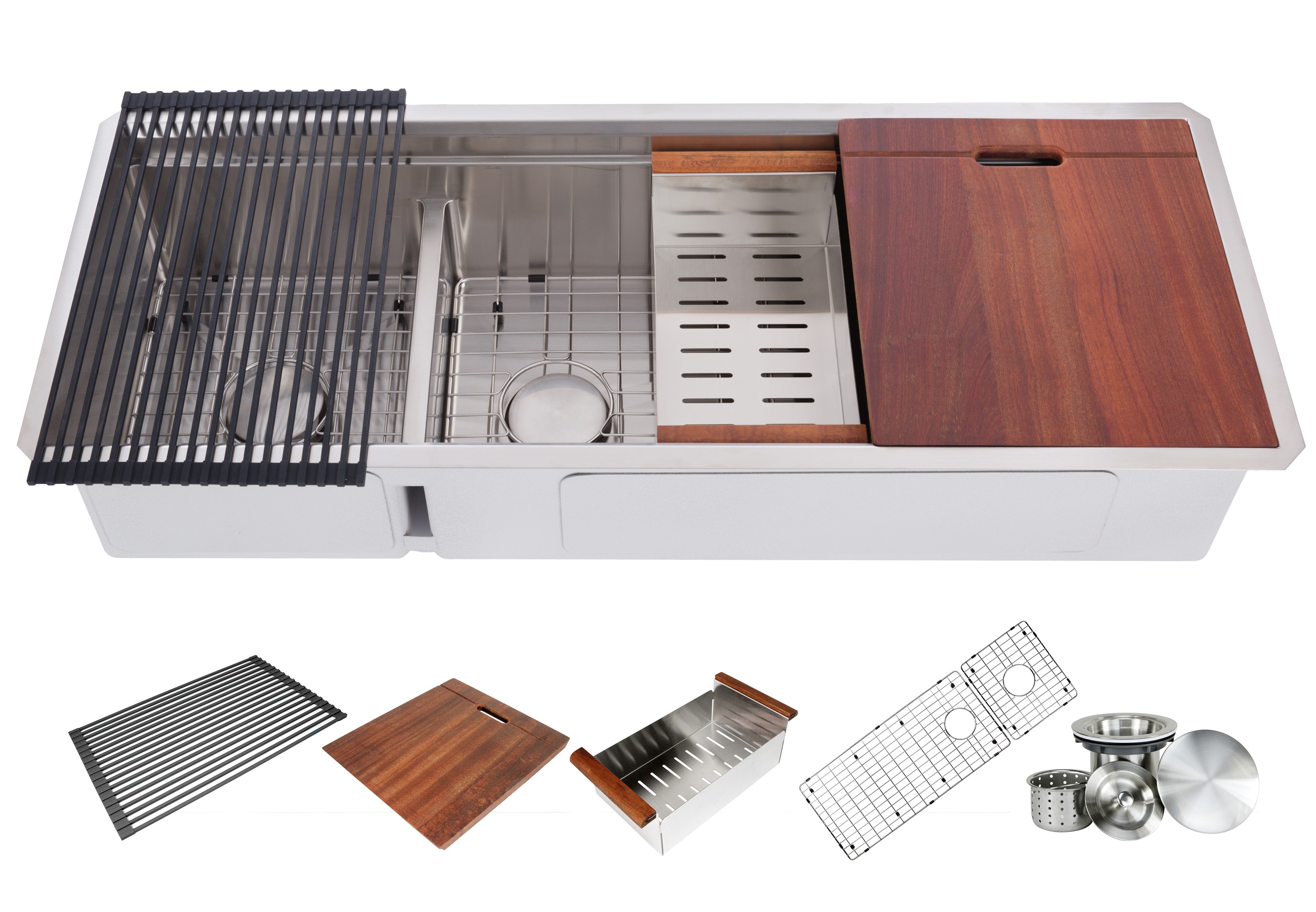 Enthous Workstation 48 Inch Undermount 16 Gauge Double Bowl Stainless Steel Kitchen Sink w/ Integrated Ledge, 15mm Tight Radius, Premium Accessories – Dish Rack, Colander, Cutting-board, Grid