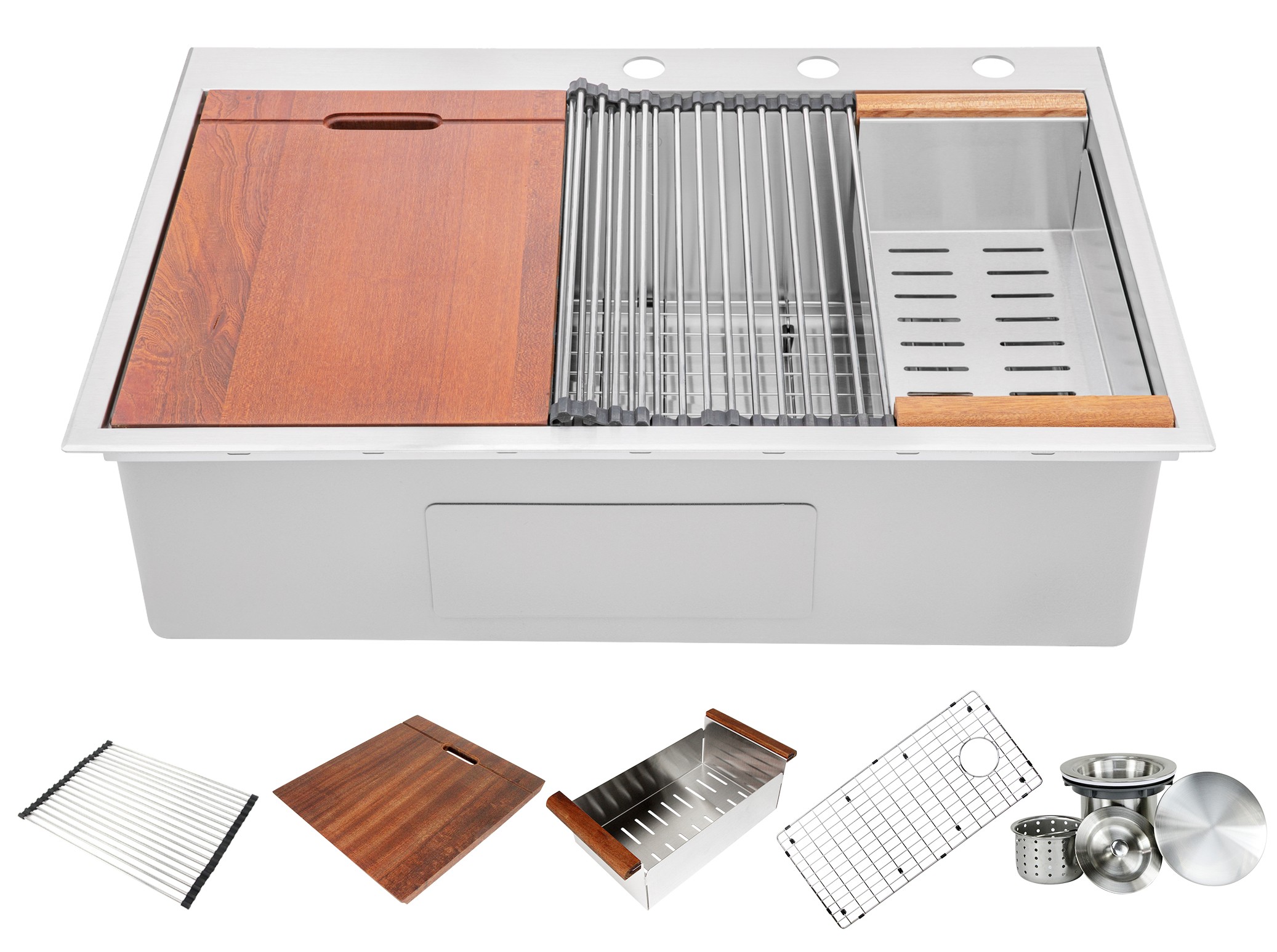 33” x 22” Workstation Topmount / Drop-in Stainless Steel Sink, 16-Gauge Bowl w/ Integrated Ledge, 15mm Tight Radius, Premium Accessories Includes Bottom Protective Grid, Stainless Steel Dish Rack, Stainless Steel Colander, Strainer & Cutting Board