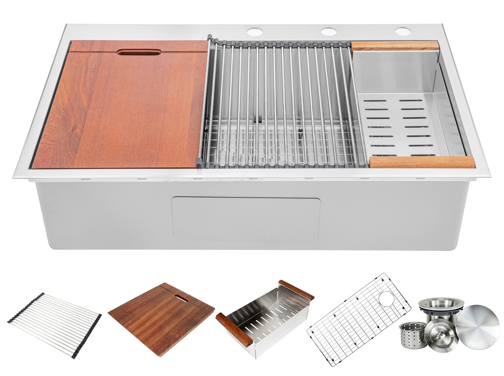 36” x 22” Workstation Topmount / Drop-in Stainless Steel Sink, 16-Gauge Bowl w/ Integrated Ledge, 15mm Tight Radius, Premium Accessories Includes Bottom Protective Grid, Stainless Steel Dish Rack, Stainless Steel Colander, Strainer & Cutting Board