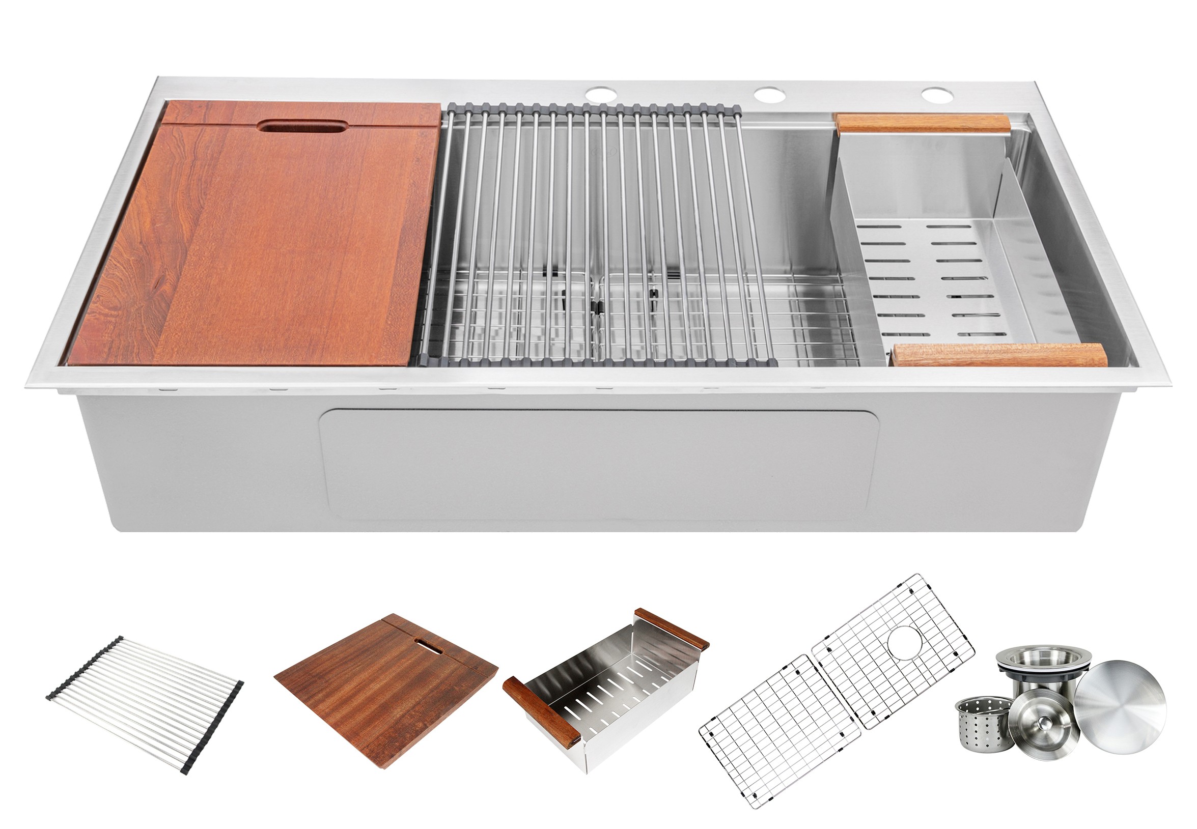42” x 22” Workstation Topmount / Drop-in Stainless Steel Sink, 16-Gauge Bowl w/ Integrated Ledge, 15mm Tight Radius, Premium Accessories Includes Bottom Protective Grid, Stainless Steel Dish Rack, Stainless Steel Colander, Strainer & Cutting Board